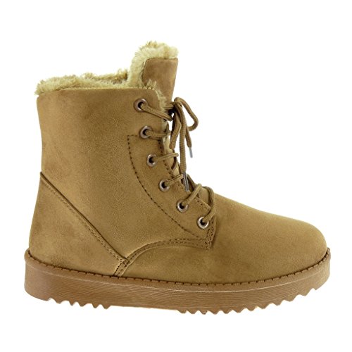 Angkorly - Zapatillas Moda Botines Botas de Nieve Botas Militares Mujer Piel Acabado Costura Pespunte Talón tacón Plano 3 CM - Camel 2017-9 T 40