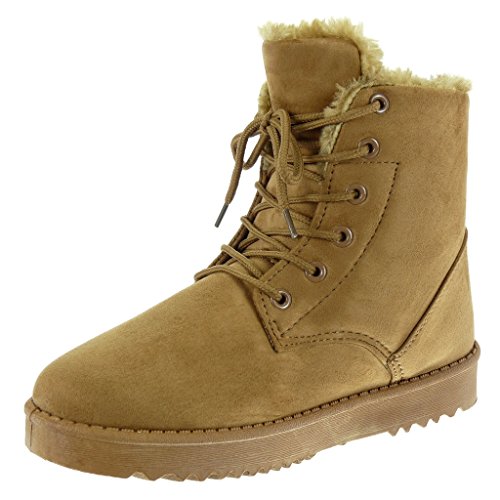 Angkorly - Zapatillas Moda Botines Botas de Nieve Botas Militares Mujer Piel Acabado Costura Pespunte Talón tacón Plano 3 CM - Camel 2017-9 T 40