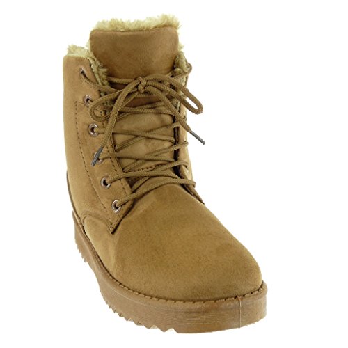 Angkorly - Zapatillas Moda Botines Botas de Nieve Botas Militares Mujer Piel Acabado Costura Pespunte Talón tacón Plano 3 CM - Camel 2017-9 T 40