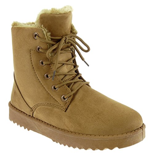 Angkorly - Zapatillas Moda Botines Botas de Nieve Botas Militares Mujer Piel Acabado Costura Pespunte Talón tacón Plano 3 CM - Camel 2017-9 T 40