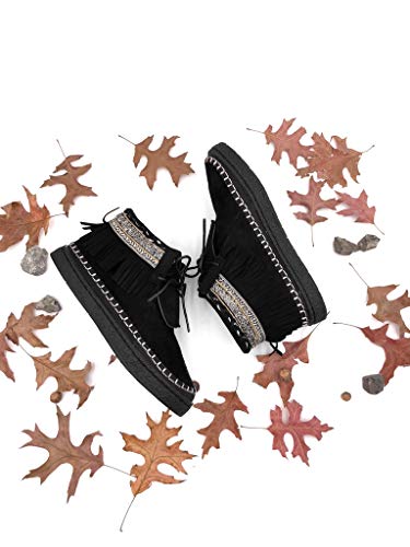 Angkorly - Zapatillas Moda Botines Botas Mocasines Folk Mujer Fleco fantasía Bordado tacón Plano 2 CM - Negro M862 T 37