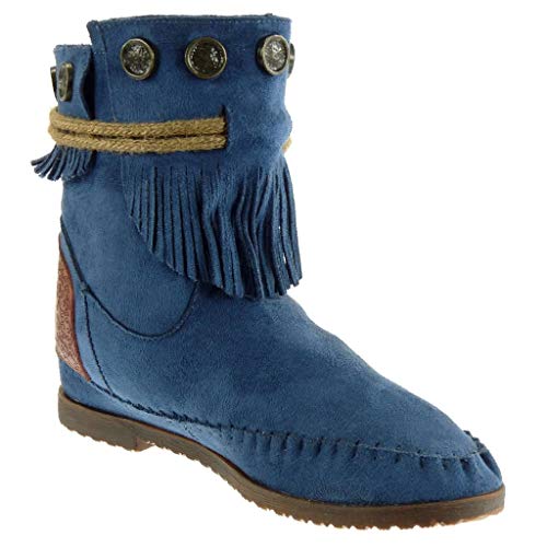 Angkorly - Zapatillas Moda Botines Botas Mocasines Mujer Fleco Tanga metálico Tacón Ancho 1.5 CM - Azul M860 T 36