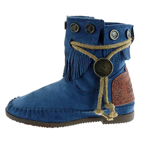Angkorly - Zapatillas Moda Botines Botas Mocasines Mujer Fleco Tanga metálico Tacón Ancho 1.5 CM - Azul M860 T 36