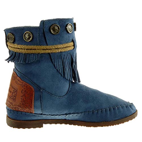 Angkorly - Zapatillas Moda Botines Botas Mocasines Mujer Fleco Tanga metálico Tacón Ancho 1.5 CM - Azul M860 T 36
