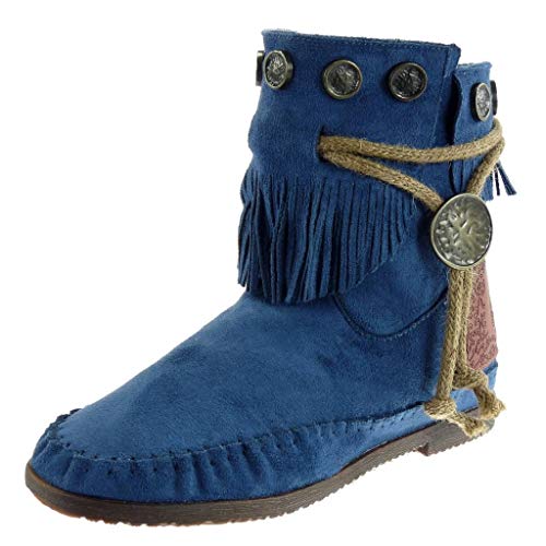 Angkorly - Zapatillas Moda Botines Botas Mocasines Mujer Fleco Tanga metálico Tacón Ancho 1.5 CM - Azul M860 T 36
