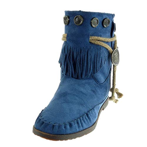 Angkorly - Zapatillas Moda Botines Botas Mocasines Mujer Fleco Tanga metálico Tacón Ancho 1.5 CM - Azul M860 T 36