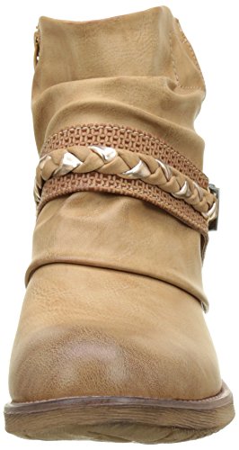 Angkorly - Zapatillas Moda Botines Cavalier Bimaterial Mujer Zapato Acolchado Nodo Camuflaje Talón Tacón Ancho 3 CM - Camel F1059 T 36
