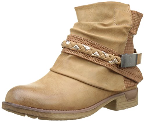 Angkorly - Zapatillas Moda Botines Cavalier Bimaterial Mujer Zapato Acolchado Nodo Camuflaje Talón Tacón Ancho 3 CM - Camel F1059 T 36