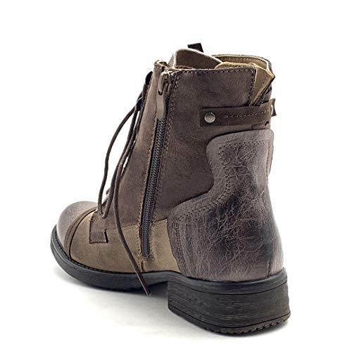 Angkorly - Zapatillas Moda Botines Deportivos Botas Militares Stile Vendimia Vendimia/Retro Mujer Perforado Tacón Ancho 3 CM - Khaki F3150 T 38