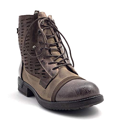 Angkorly - Zapatillas Moda Botines Deportivos Botas Militares Stile Vendimia Vendimia/Retro Mujer Perforado Tacón Ancho 3 CM - Khaki F3150 T 38