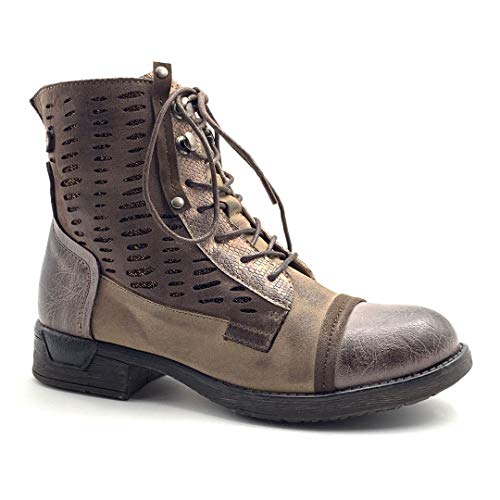 Angkorly - Zapatillas Moda Botines Deportivos Botas Militares Stile Vendimia Vendimia/Retro Mujer Perforado Tacón Ancho 3 CM - Khaki F3150 T 38