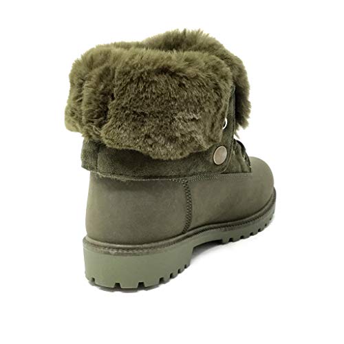 Angkorly - Zapatillas Moda Botines Deportivos Botas Militares Street Mujer Mantener Caliente Piel sintética Tacón Ancho 2.5 CM Forrada de Piel - Verde A-5 T 37