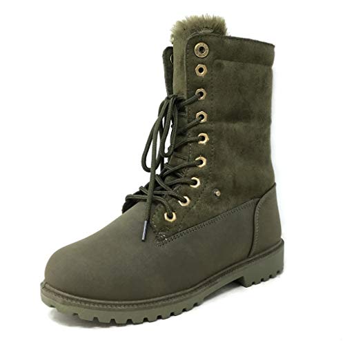 Angkorly - Zapatillas Moda Botines Deportivos Botas Militares Street Mujer Mantener Caliente Piel sintética Tacón Ancho 2.5 CM Forrada de Piel - Verde A-5 T 37