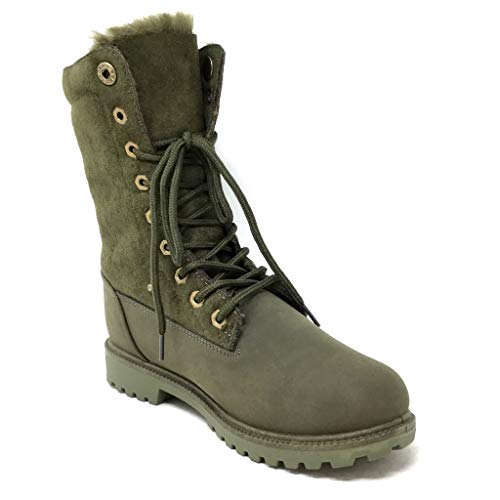 Angkorly - Zapatillas Moda Botines Deportivos Botas Militares Street Mujer Mantener Caliente Piel sintética Tacón Ancho 2.5 CM Forrada de Piel - Verde A-5 T 37