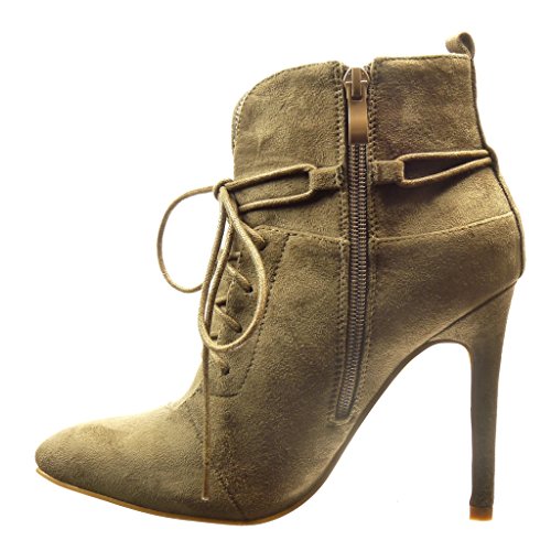 Angkorly - Zapatillas Moda Botines Low Boots Sexy Mujer Hebilla Encaje Talón Tacón de Aguja Alto 11 CM - Caqui 888-101 T 40
