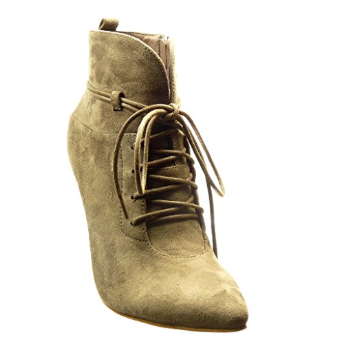Angkorly - Zapatillas Moda Botines Low Boots Sexy Mujer Hebilla Encaje Talón Tacón de Aguja Alto 11 CM - Caqui 888-101 T 40
