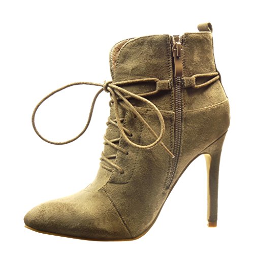 Angkorly - Zapatillas Moda Botines Low Boots Sexy Mujer Hebilla Encaje Talón Tacón de Aguja Alto 11 CM - Caqui 888-101 T 40