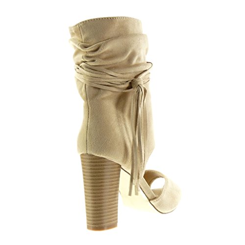 Angkorly - Zapatillas Moda Botines Sandalias Peep-Toe Abierto Sexy Mujer Tanga Fleco Talón Tacón Ancho Alto 9 CM - Beige AF-710 T 41