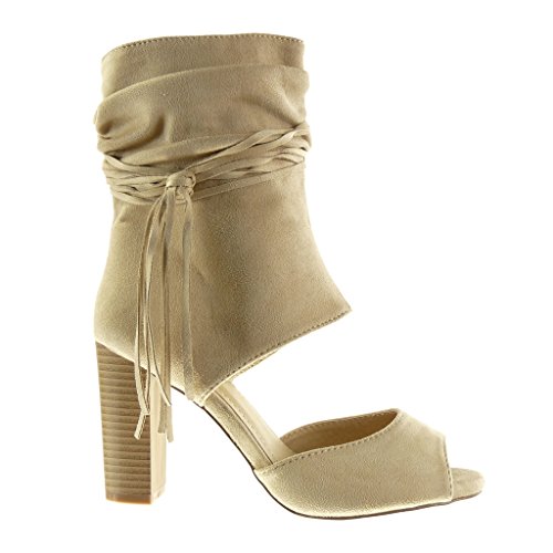 Angkorly - Zapatillas Moda Botines Sandalias Peep-Toe Abierto Sexy Mujer Tanga Fleco Talón Tacón Ancho Alto 9 CM - Beige AF-710 T 41