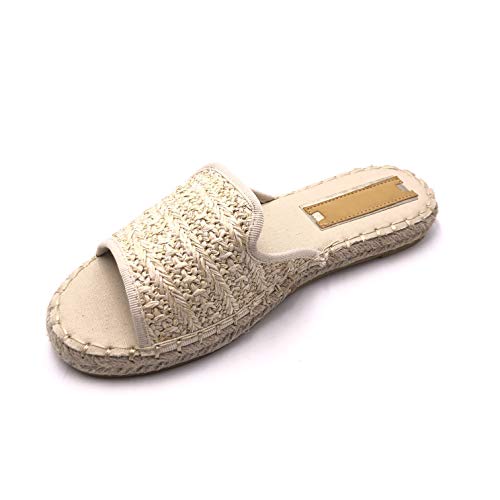 Angkorly - Zapatillas Moda Mules Chanclas Playa Chanclas Planos Mujer Cuerda Trenzado con Paja tacón Plano 2 CM - Oro LX182 T 40