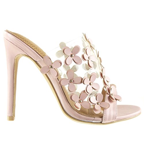 Angkorly - Zapatillas Moda Mules Tacón escarpín Stiletto Slip-on Elegante Mujer Flores Tachonado Transparente Tacón de Aguja Alto 12 CM - Rosa 2461-751 T 37