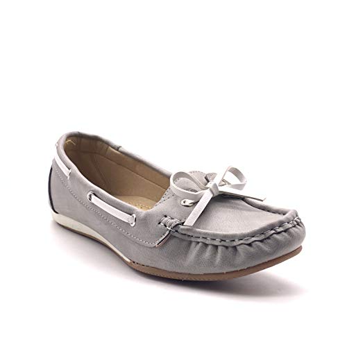 Angkorly - Zapatillas Moda Náuticos Mocasines Estilo Marino Vendimia/Retro Casual/Informal Mujer Pajarita Bicolor líneas 1 CM - Gris YJ666 T 38