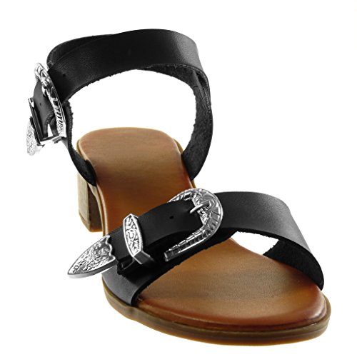 Angkorly - Zapatillas Moda Sandalias Correa de Tobillo Mujer Hebilla metálico Tanga Tacón Ancho Alto 4 CM - Negro 660-8 T 36
