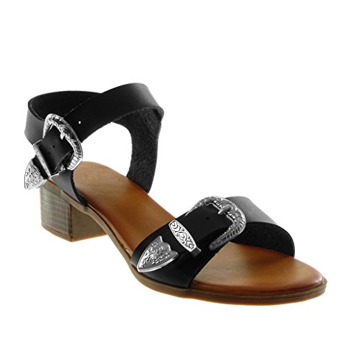 Angkorly - Zapatillas Moda Sandalias Correa de Tobillo Mujer Hebilla metálico Tanga Tacón Ancho Alto 4 CM - Negro 660-8 T 36