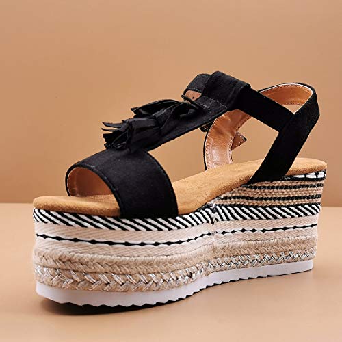 Angkorly - Zapatillas Moda Sandalias Mula Correa-T Gran Plataforma Bohemia Mujer Fleco Cuerda Plataforma 8 CM - Negro 2 XF89 T 37