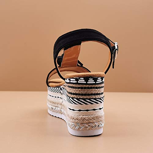 Angkorly - Zapatillas Moda Sandalias Mula Correa-T Gran Plataforma Bohemia Mujer Fleco Cuerda Plataforma 8 CM - Negro 2 XF89 T 37