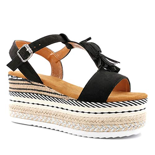 Angkorly - Zapatillas Moda Sandalias Mula Correa-T Gran Plataforma Bohemia Mujer Fleco Cuerda Plataforma 8 CM - Negro 2 XF89 T 37