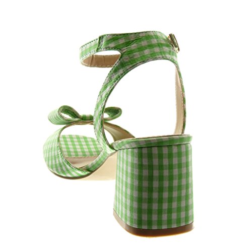 Angkorly - Zapatillas Moda Sandalias Mules Correa de Tobillo Mujer a Cuadros Nodo Tanga Tacón Ancho Alto 7 CM - Verde 708-14 T 40