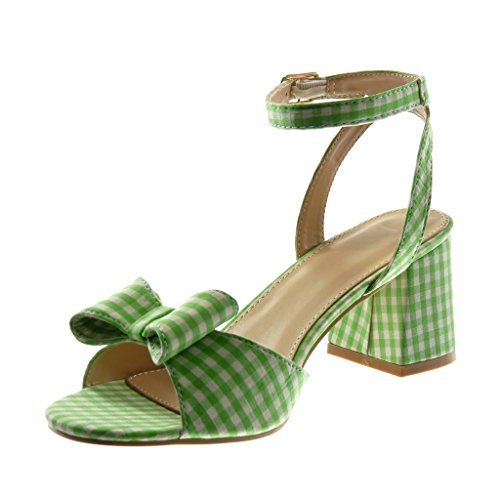 Angkorly - Zapatillas Moda Sandalias Mules Correa de Tobillo Mujer a Cuadros Nodo Tanga Tacón Ancho Alto 7 CM - Verde 708-14 T 40