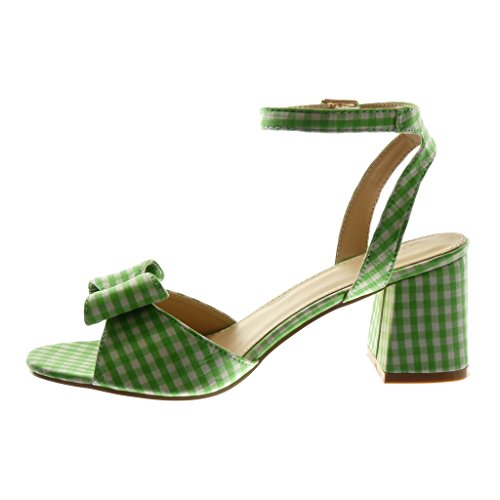 Angkorly - Zapatillas Moda Sandalias Mules Correa de Tobillo Mujer a Cuadros Nodo Tanga Tacón Ancho Alto 7 CM - Verde 708-14 T 40