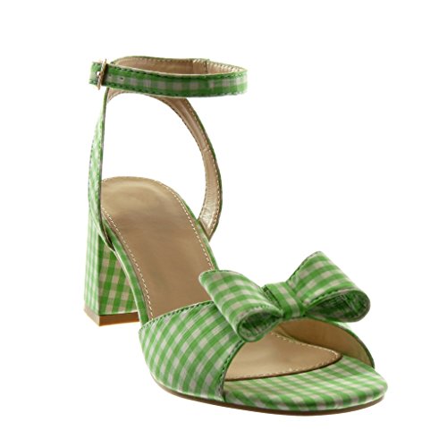 Angkorly - Zapatillas Moda Sandalias Mules Correa de Tobillo Mujer a Cuadros Nodo Tanga Tacón Ancho Alto 7 CM - Verde 708-14 T 40