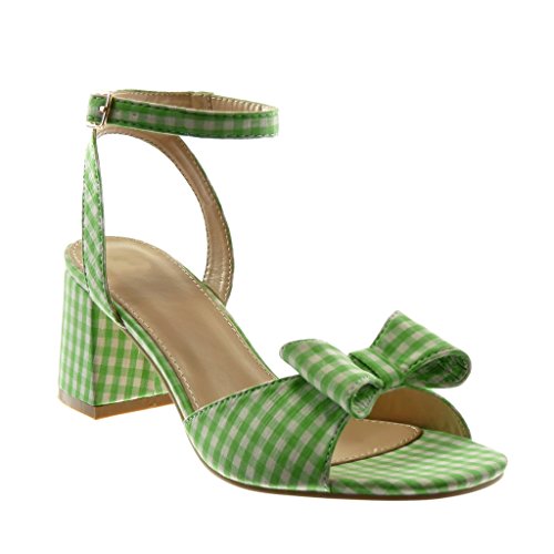 Angkorly - Zapatillas Moda Sandalias Mules Correa de Tobillo Mujer a Cuadros Nodo Tanga Tacón Ancho Alto 7 CM - Verde 708-14 T 40