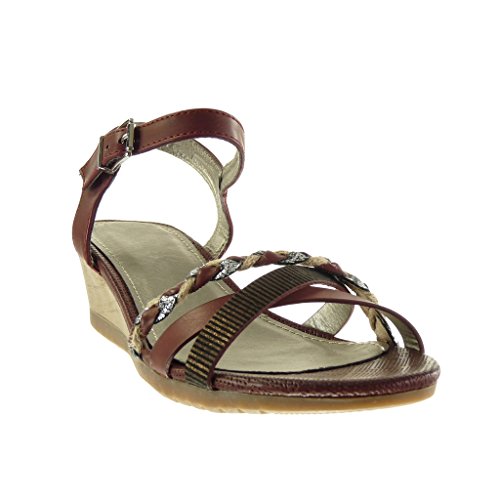 Angkorly - Zapatillas Moda Sandalias Mules Mujer Tanga Trenzado Brillantes Talón Plataforma 5 CM - Burdeos F1238 T 40