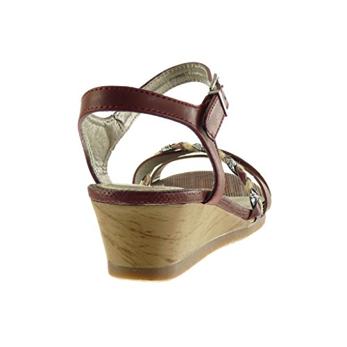 Angkorly - Zapatillas Moda Sandalias Mules Mujer Tanga Trenzado Brillantes Talón Plataforma 5 CM - Burdeos F1238 T 40