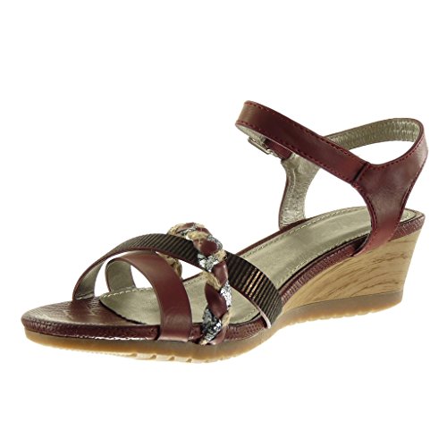 Angkorly - Zapatillas Moda Sandalias Mules Mujer Tanga Trenzado Brillantes Talón Plataforma 5 CM - Burdeos F1238 T 40