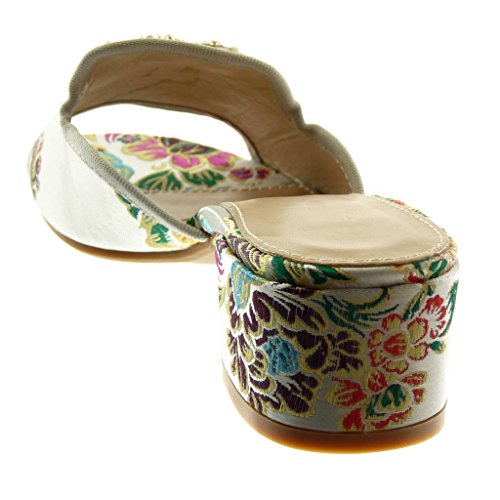 Angkorly - Zapatillas Moda Sandalias Mules Slip-on Mujer Strass Joyas Bordado Tacón Ancho Alto 4 CM - Plata RS154 T 40