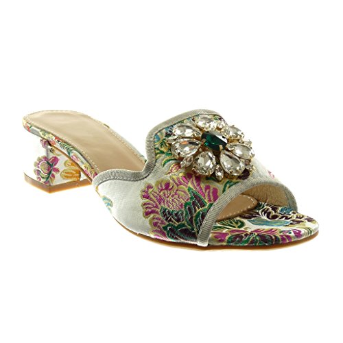 Angkorly - Zapatillas Moda Sandalias Mules Slip-on Mujer Strass Joyas Bordado Tacón Ancho Alto 4 CM - Plata RS154 T 40