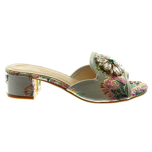 Angkorly - Zapatillas Moda Sandalias Mules Slip-on Mujer Strass Joyas Bordado Tacón Ancho Alto 4 CM - Plata RS154 T 40