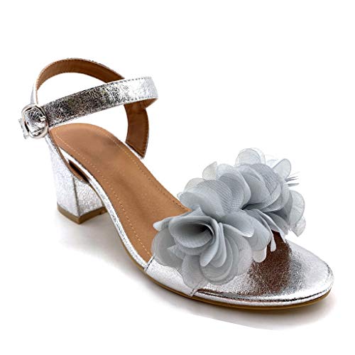 Angkorly - Zapatillas Moda Sandalias Tacón escarpín Abierto comode La Noche Mujer Flores básica Tacón Ancho Alto 7 CM - Plata DE1068 T 36