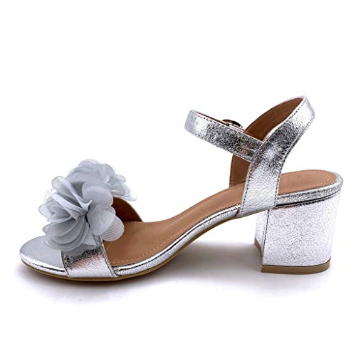Angkorly - Zapatillas Moda Sandalias Tacón escarpín Abierto comode La Noche Mujer Flores básica Tacón Ancho Alto 7 CM - Plata DE1068 T 36