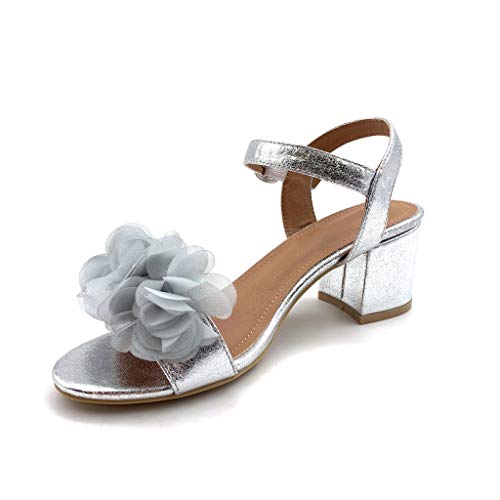 Angkorly - Zapatillas Moda Sandalias Tacón escarpín Abierto comode La Noche Mujer Flores básica Tacón Ancho Alto 7 CM - Plata DE1068 T 36