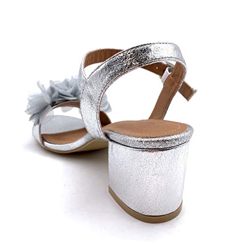 Angkorly - Zapatillas Moda Sandalias Tacón escarpín Abierto comode La Noche Mujer Flores básica Tacón Ancho Alto 7 CM - Plata DE1068 T 36