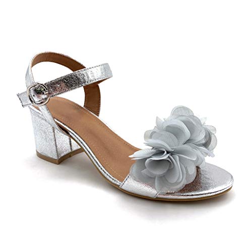 Angkorly - Zapatillas Moda Sandalias Tacón escarpín Abierto comode La Noche Mujer Flores básica Tacón Ancho Alto 7 CM - Plata DE1068 T 36