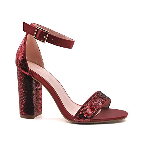 Angkorly - Zapatillas Moda Sandalias Tacón escarpín Abierto Tacones Altos Matrimonio Ceremonia Mujer Lentejuelas Reversibles Glitter Tacón Ancho Alto 10 CM - Burdeos 053 T 40