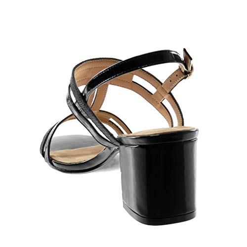 Angkorly - Zapatillas Moda Sandalias Tacón escarpín Correa de Tobillo Mujer Multi-Correa Brillantes Tacón Ancho Alto 7 CM - Negro 3 BC376 T 37