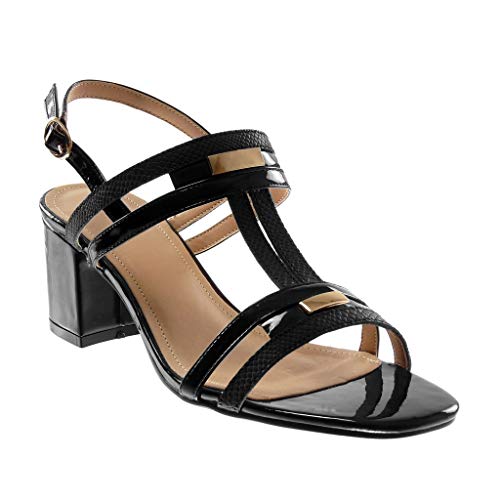 Angkorly - Zapatillas Moda Sandalias Tacón escarpín Correa de Tobillo Mujer Multi-Correa Brillantes Tacón Ancho Alto 7 CM - Negro 3 BC376 T 37